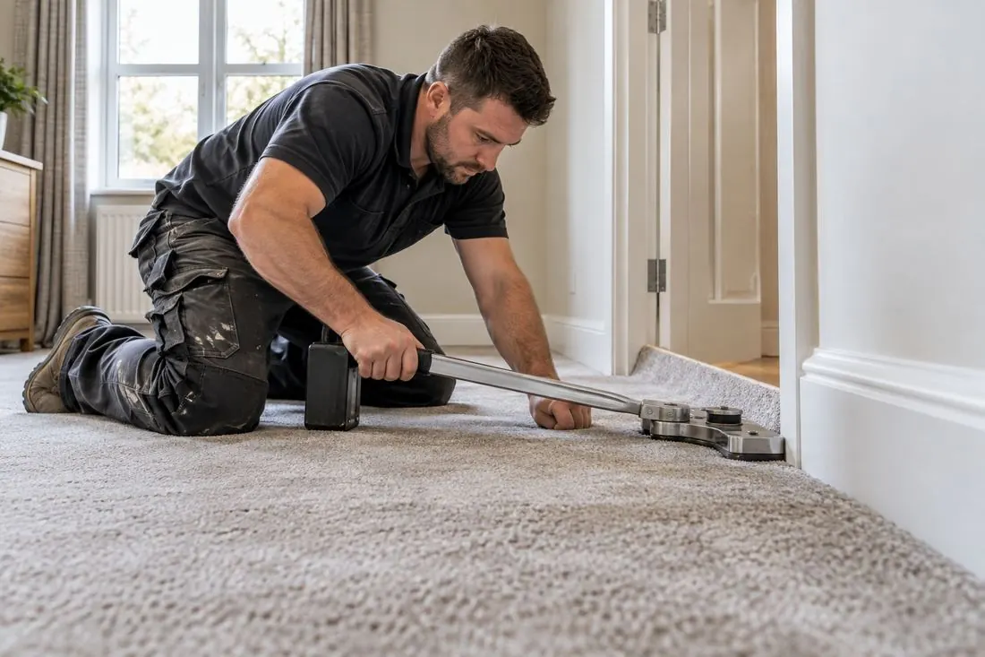 A fitter using a carpet stretcher to fit carpet tight against the skirting board