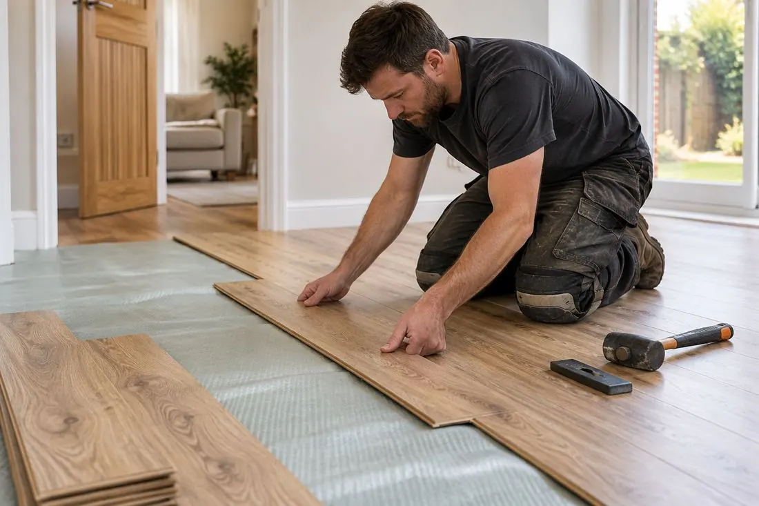 A fitter clicking laminate planks together over green underlay