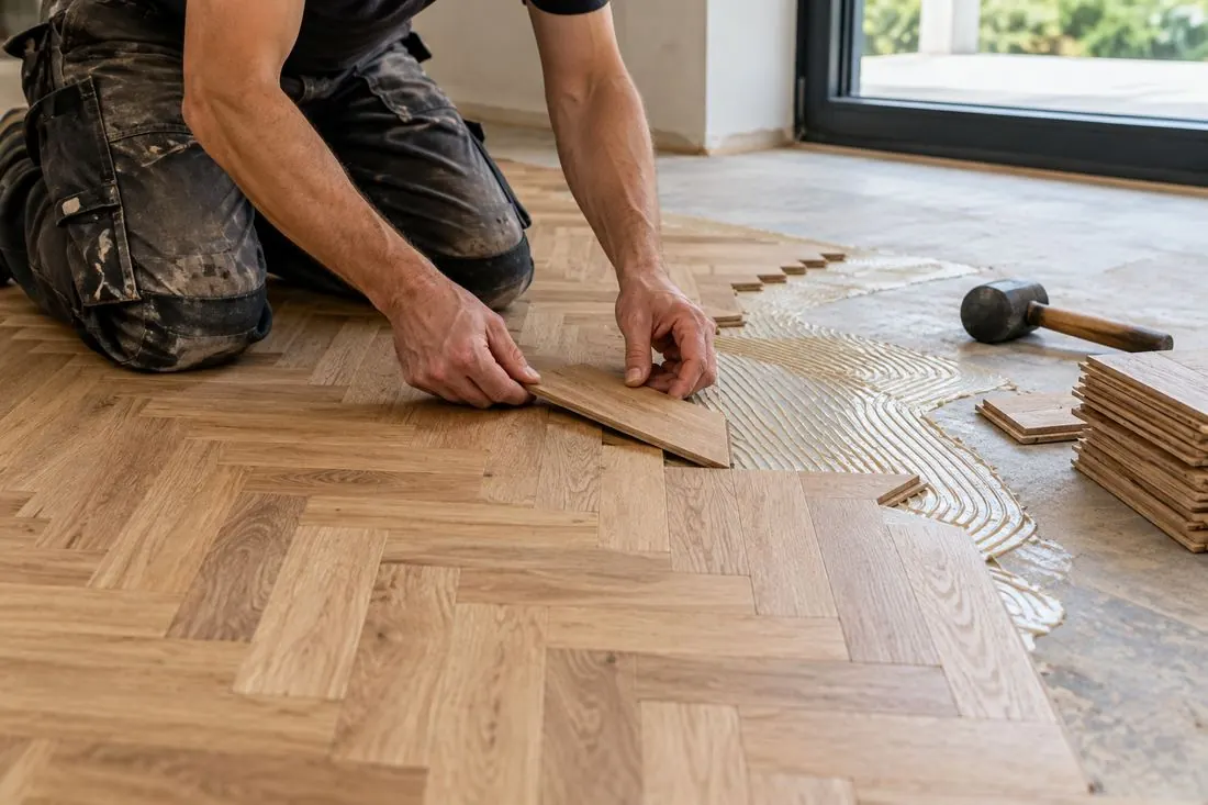 A fitter laying oak herringbone blocks onto adhesive