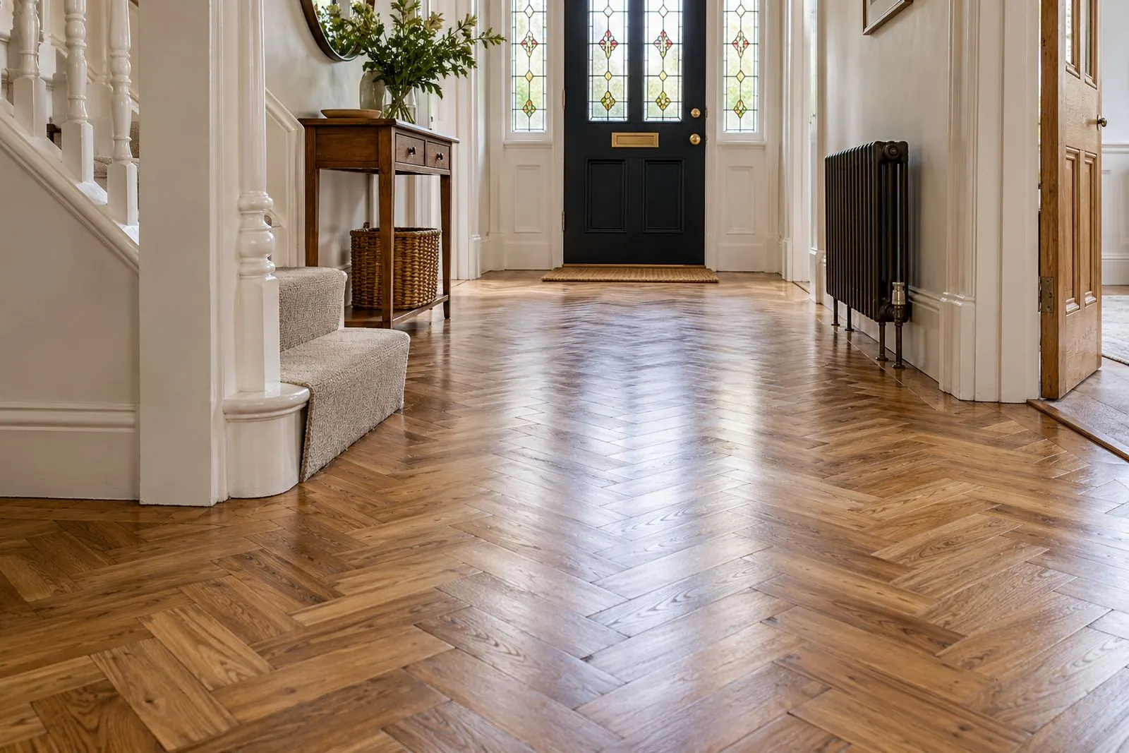 Close view of oak herringbone parquet blocks with a polished finish