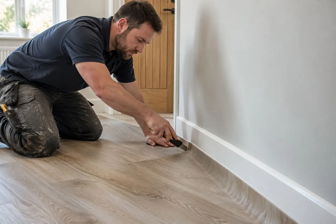A fitter trimming vinyl flooring at the skirting board