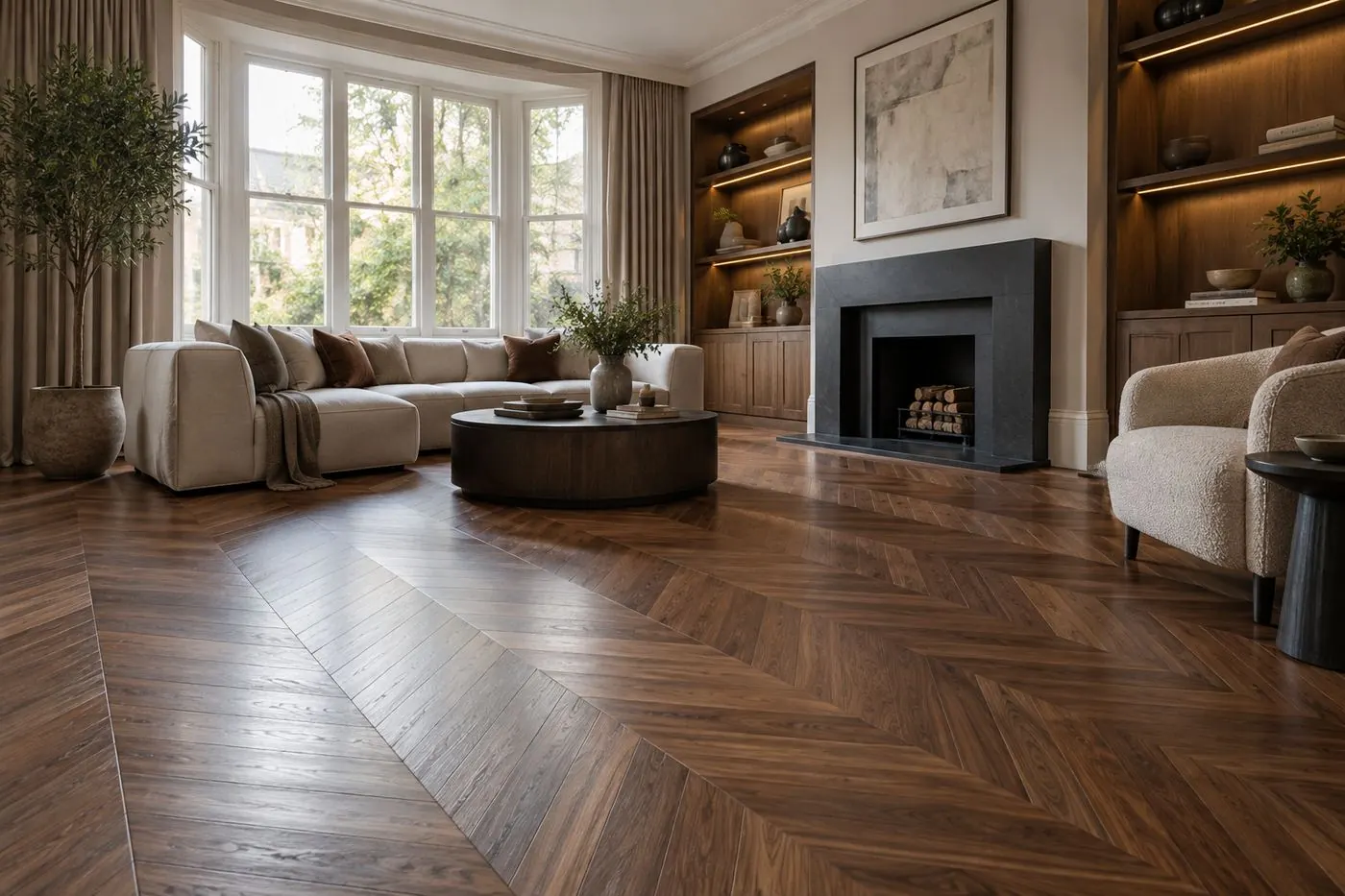 Walnut chevron flooring running across a living room with a bay window and fireplace